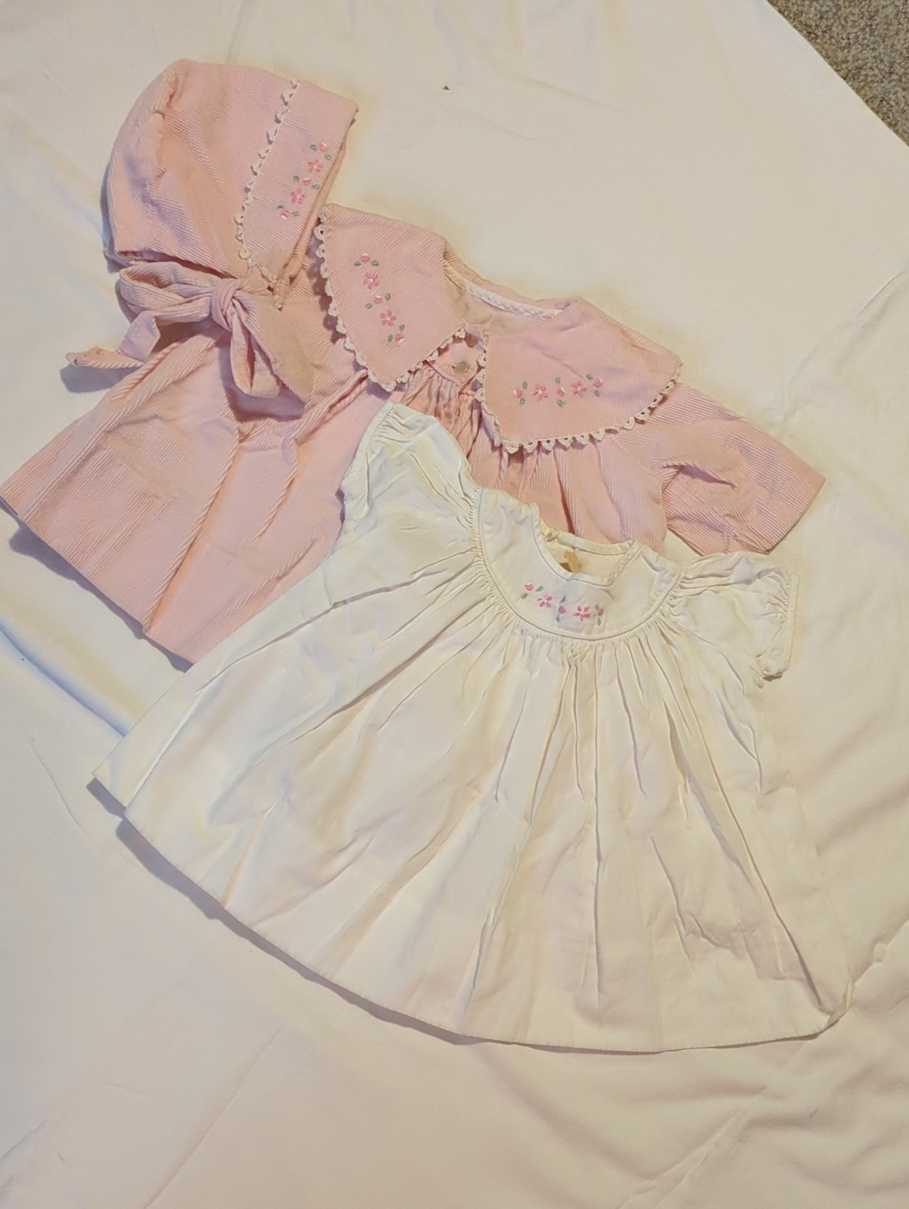 Vintage Pink & White Embroidered Baby Dress Set - Classic Smocked Style